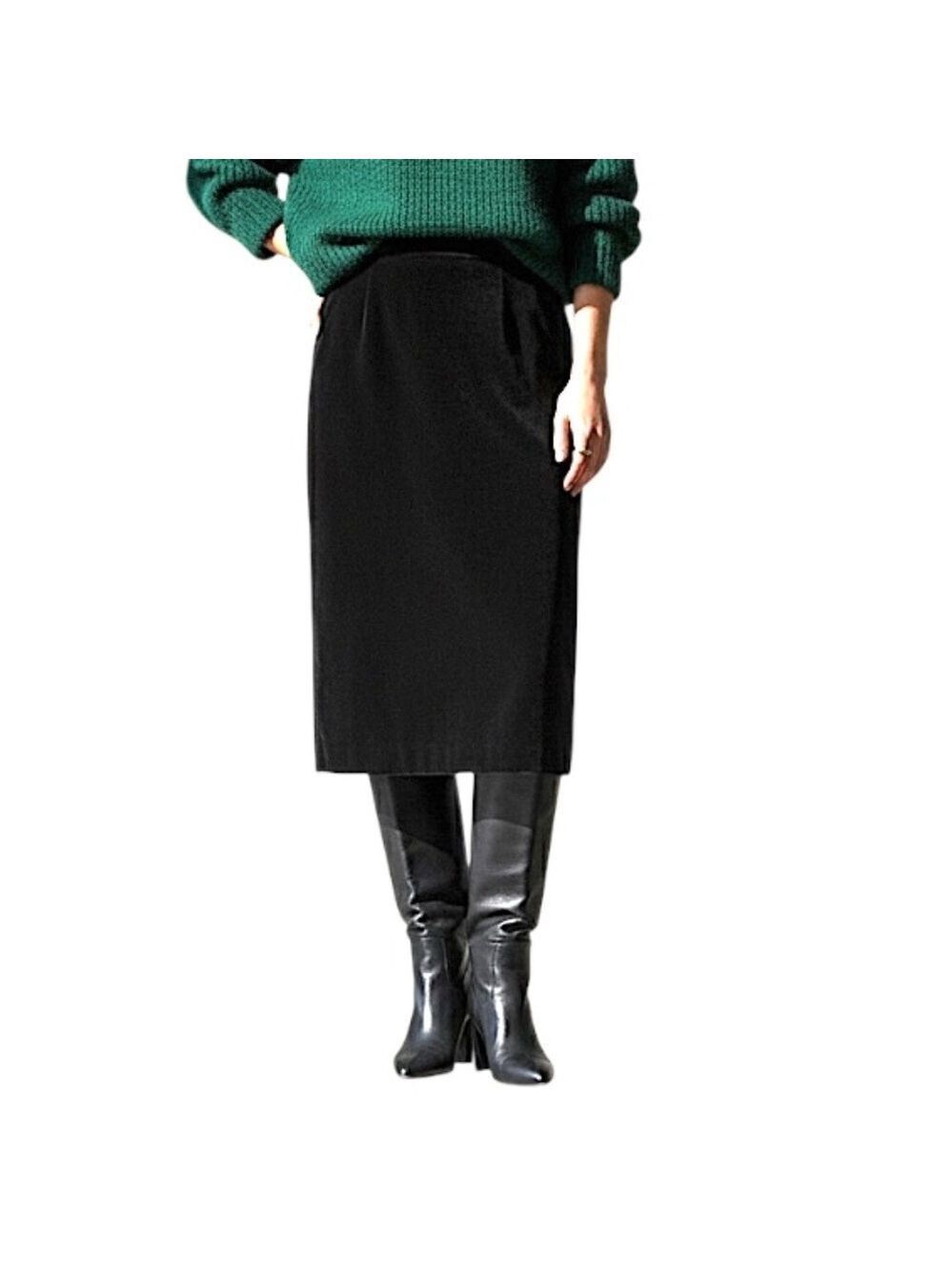 Vintage 70s 80s Lord + Taylor black velvet tailored midi straight skirt S